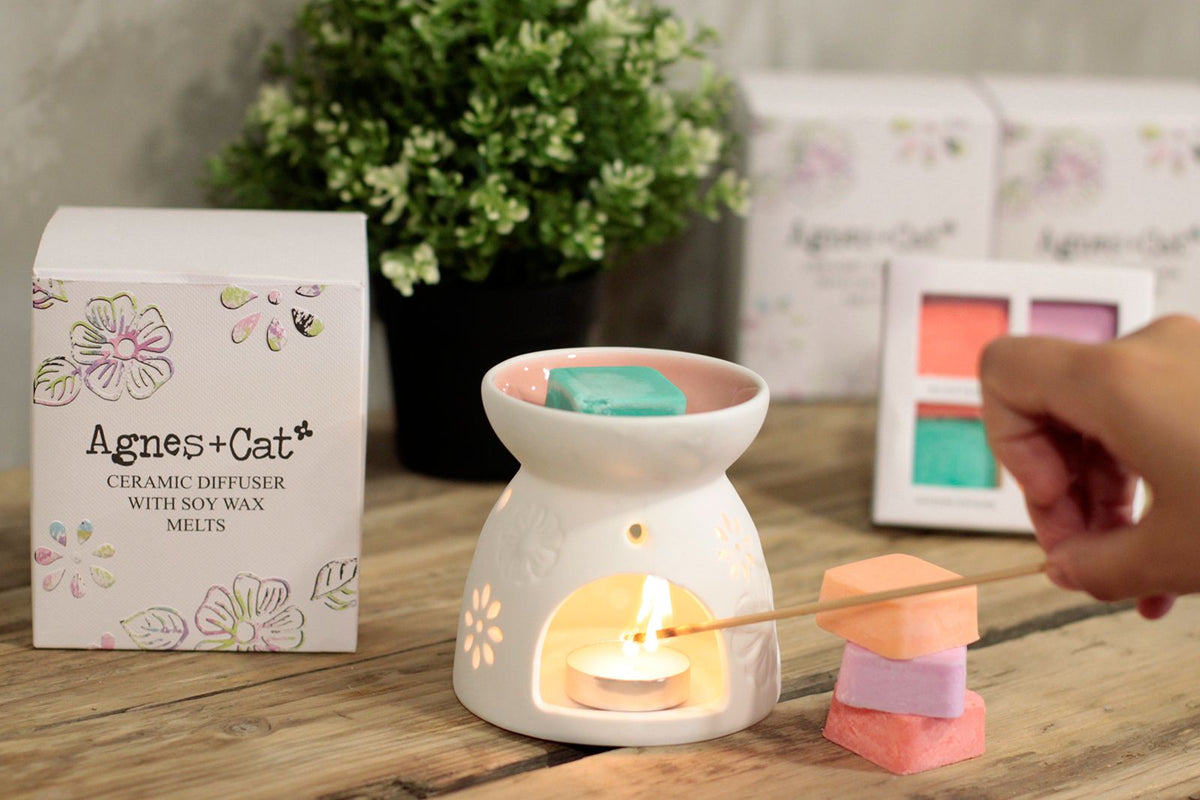 Agnes + Cat Wax Melter with Four Soy Wax Melts – Floral Ceramic Burner